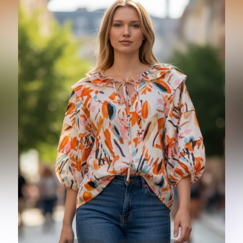 Floral Print Women's Top - Orange and White large NWOT